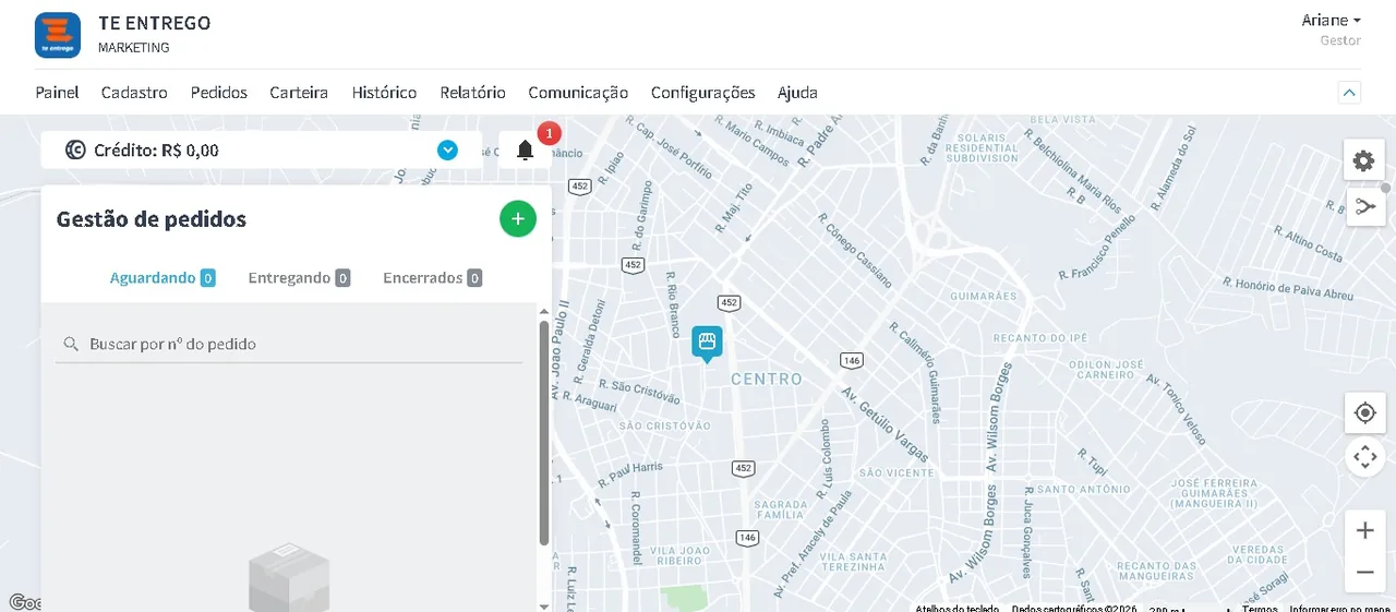 Painel de gestão real da Te Entrego: gestão de pedidos e rastreamento no mapa em tempo real