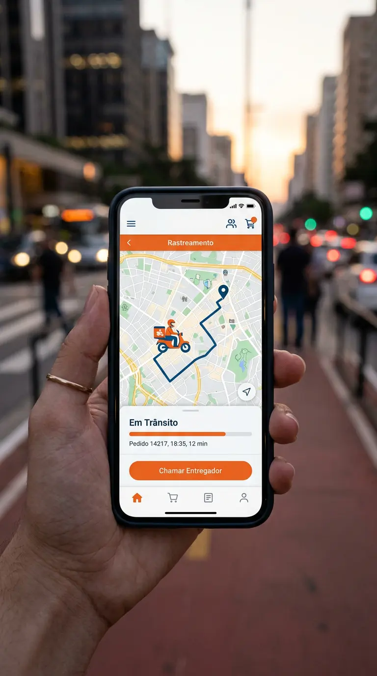 Aplicativo Te Entrego rodando em um celular, com rastreamento de entrega em tempo real